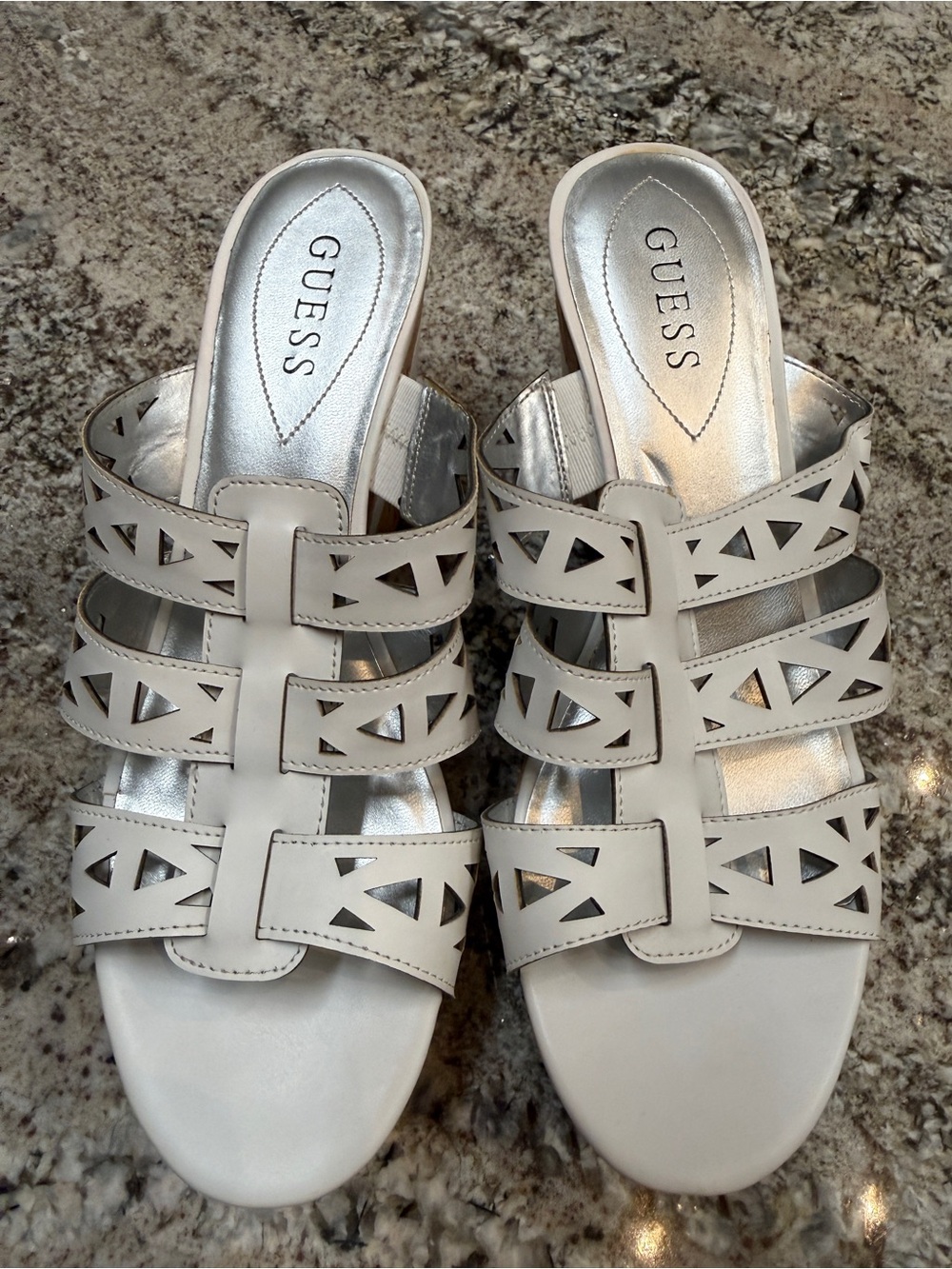 GUESS White Laser-Cut Strappy Wedge Mule Sandals